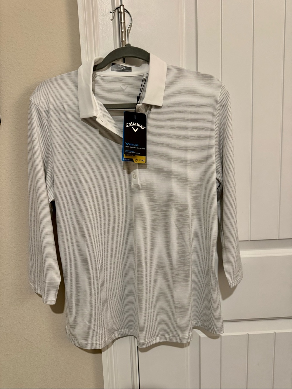 NWT Callaway Women’s White Light-Gray Microstripe Long-Sleeve (3/4) Polo